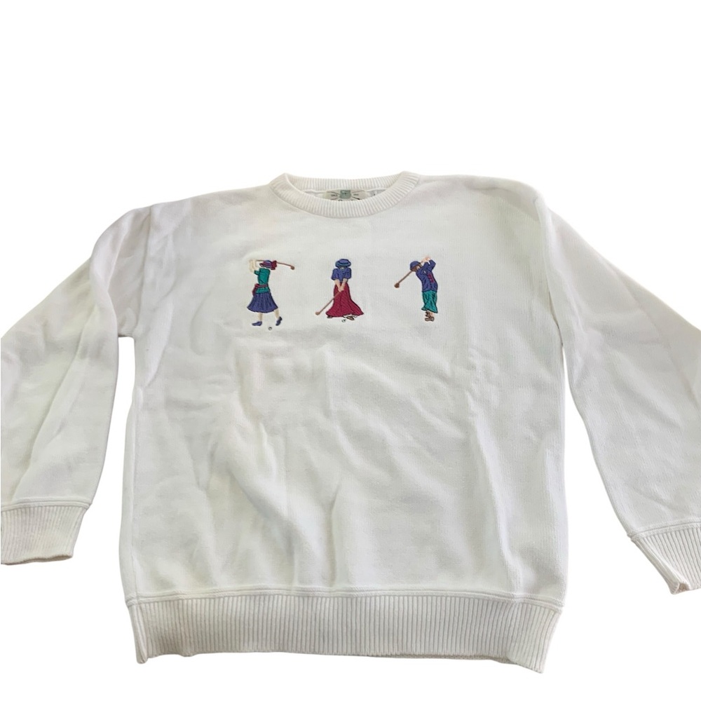 Vintage Orvis Women's Large White Sweater Embroidered Golfers Made In USA